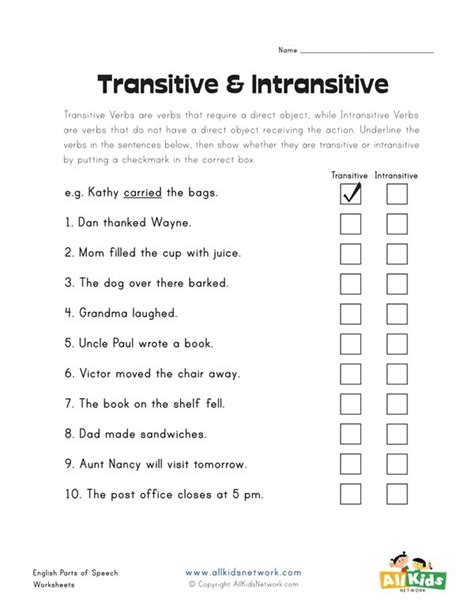 transitive and intransitive verbs worksheets pdf with answers